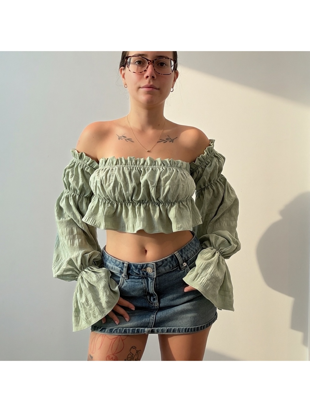 Sage Green Off Shoulder Bell Sleeve Crop Top